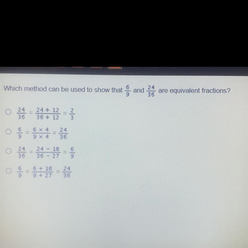 HELPPP PLEASEE !! Which method can be used to show that and Are equivalent fractions-example-1