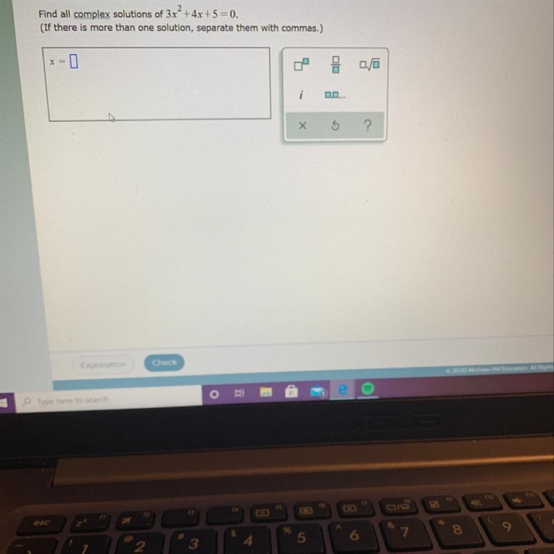 Find all complex solutions of 3x^2+4x+5=0 please guide!-example-1