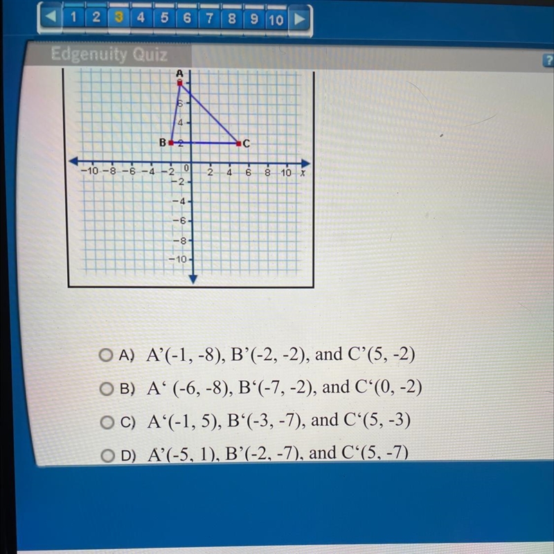 Reflect triangle ABC over the x-axis. Then translate the new triangle 5 units to the-example-1