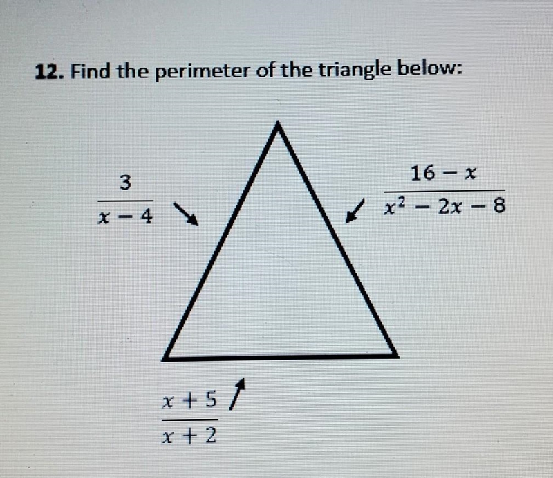 12. Find the perimeter of the triangle below: please help show steps thank you :) ​-example-1