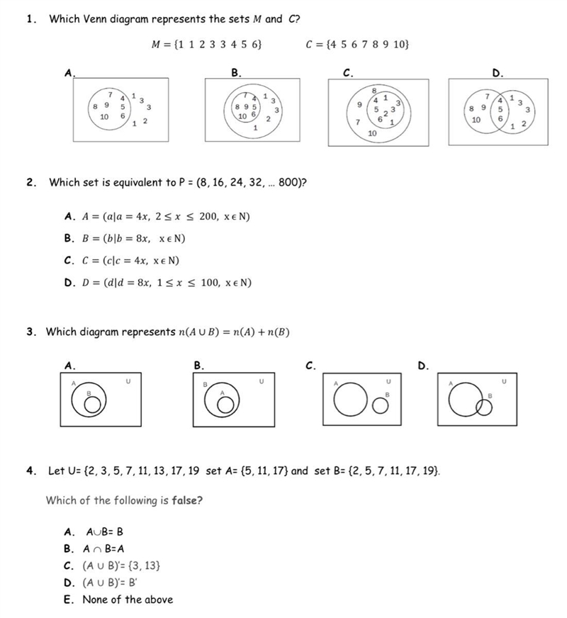 If your good with set theory, i need help with the first four questions!-example-1