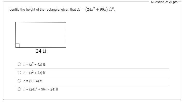 Identify the height of the rectangle, given that A=(24x2+96x) ft2.-example-1