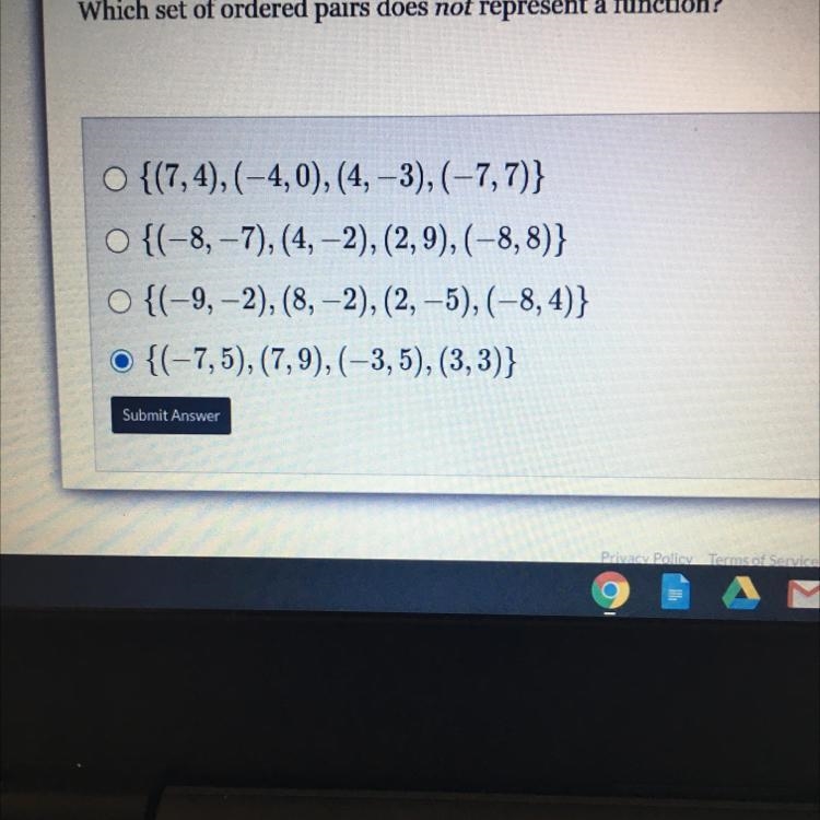 Which set of ordered pairs does not represent a function-example-1