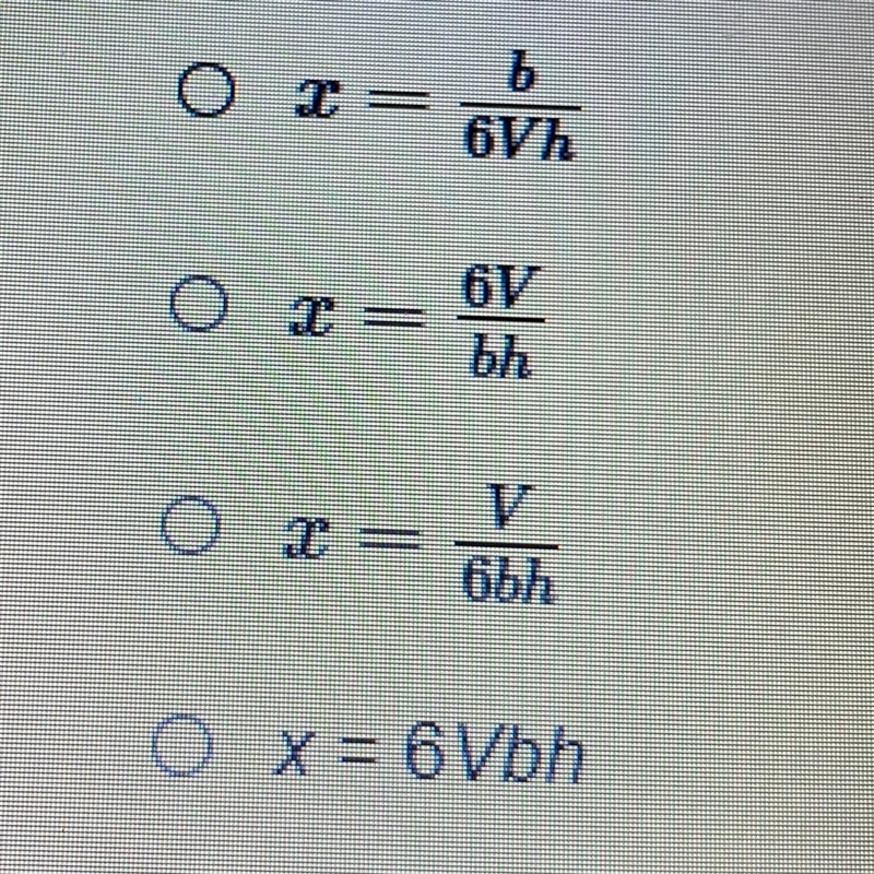 The formula for the volume of a right triangular pyramid is V = 1/6 bhx, where b is-example-1