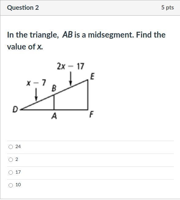 In the triangle, AB is a midsegment. Find the value of x.-example-1