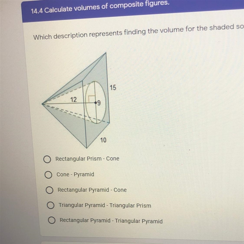 Which description represents finding the volume for the Shaded solid ?-example-1