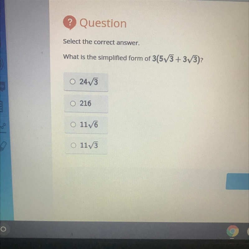 What is the simplified form of 3(5V3 + 3V3)?-example-1