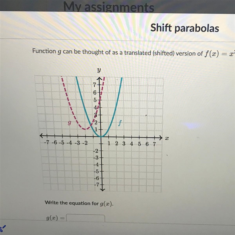 Function g can be thought of as a translated (shifted) version of f(x) = x2. ܂ ܗ ܕ ܛ ܚ . ܝ -7 -6 -5 -4 -4 -2 + 1 2 3 4 5 6 7 + ܟ ܟ ܟ ܟ + ܕ ܬ + ܞ ܕ + ܂ Write-example-1