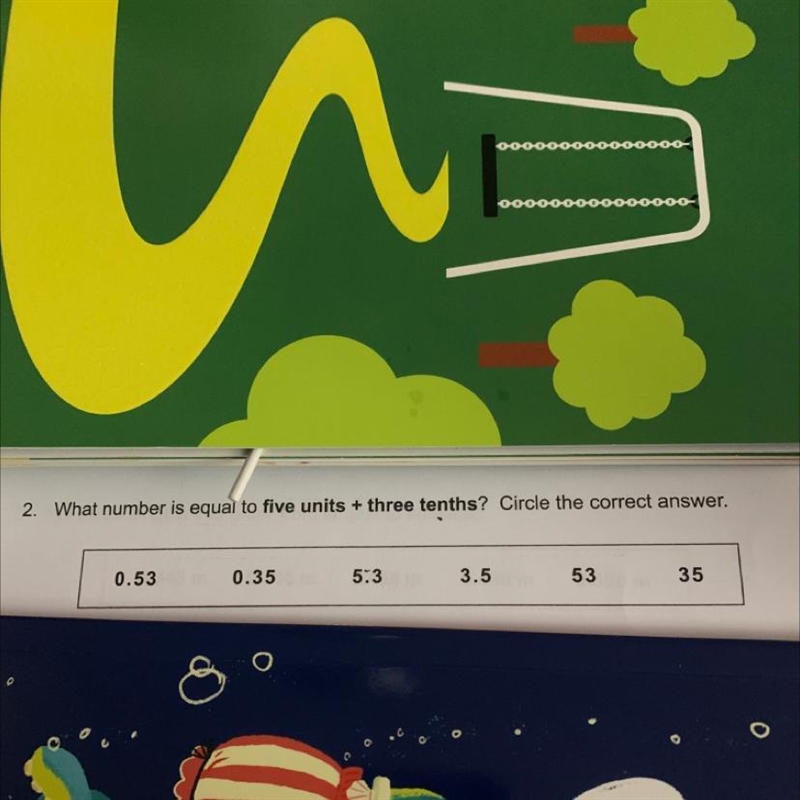 2. What number is equal to five units + three tenths? Circle the correct answer. 0.53 0.35 5.3 3.5 53 35-example-1