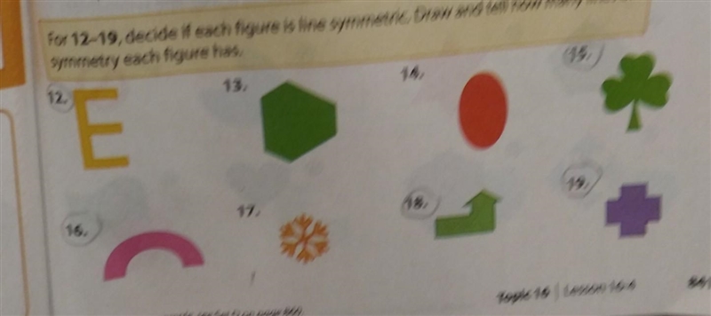 For 12 to 19, decide if each figure is the line symmetric. Draw and tell how many-example-1