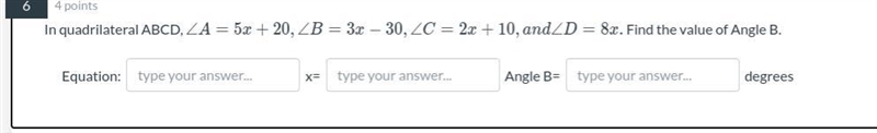 In quadrilateral ABCD, \angle A=5x+20,\angle B=3x-30,\angle C=2x+10,and\angle D=8x-example-1