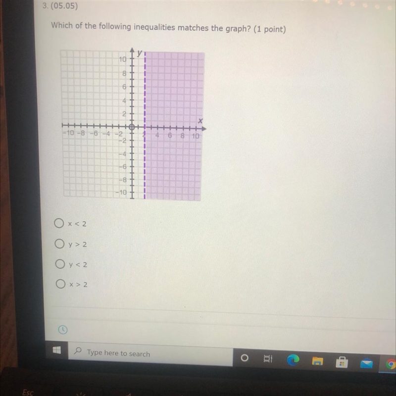 3. (05.05) Which of the following inequalities matches the graph? (1 point) x<2 y-example-1