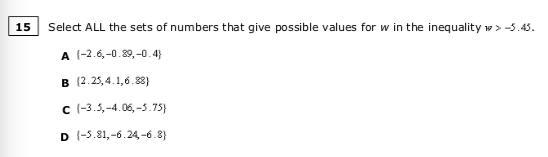 Select ALL the sets of numbers that give possible values for w in the inequality w-example-1