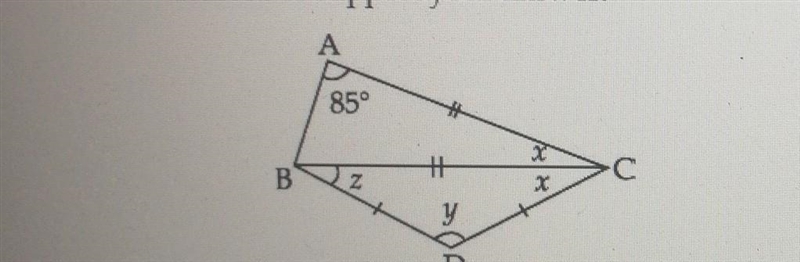 17. In figure, BAC -859, CA = CB and BD - CD. Find the measure of ZX, Zy and Zz. Give-example-1