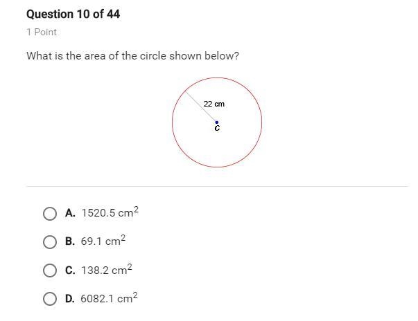 What is the area of the circle shown below?-example-1