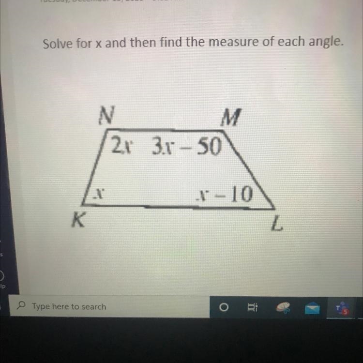 Solve for x and then find the measure of each angle.-example-1