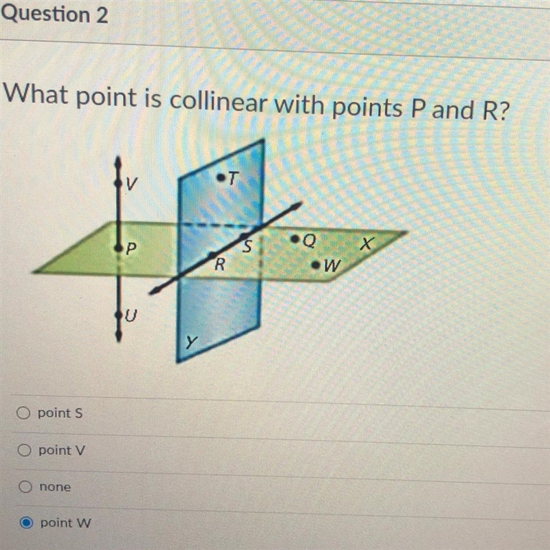 What point is collinear with points P and R?-example-1