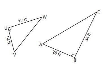 Determine if the triangles, ΔUVW and ΔBAC, are similar. If so, identify the similarity-example-1