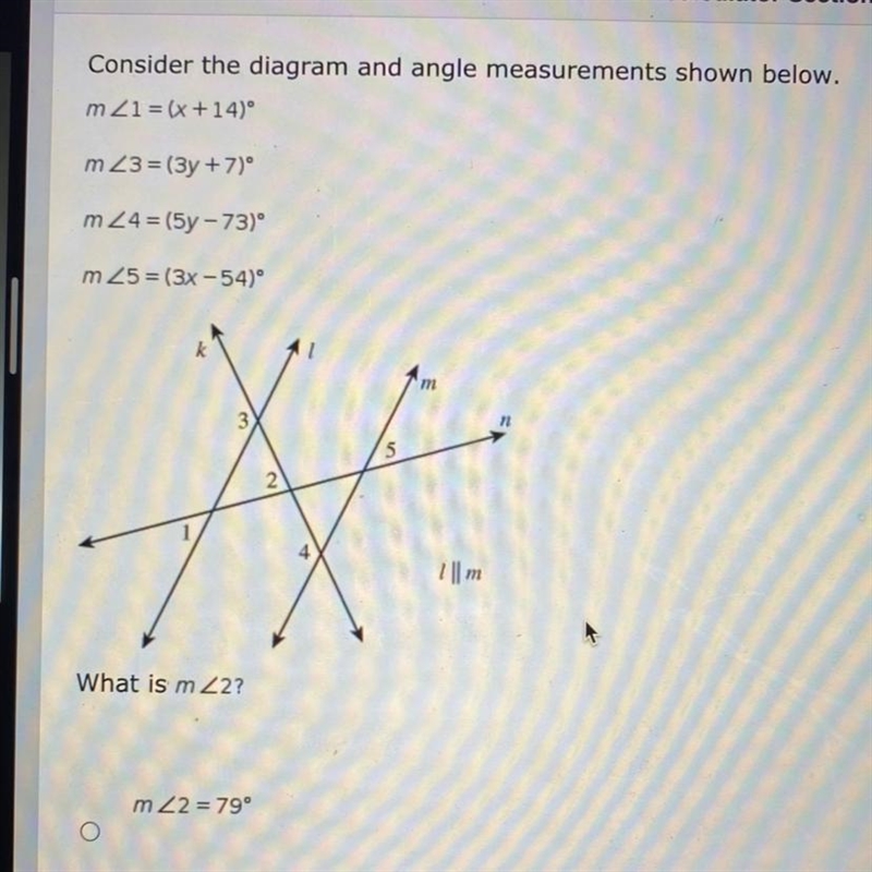 Consider the diagram and angle measurements shown below. m<1 = (x +14) m <3 = (3y-example-1