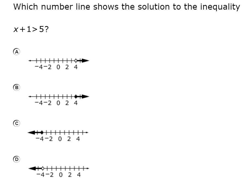 Which number line shows the solution to the inequality? x + 1> 5-example-1