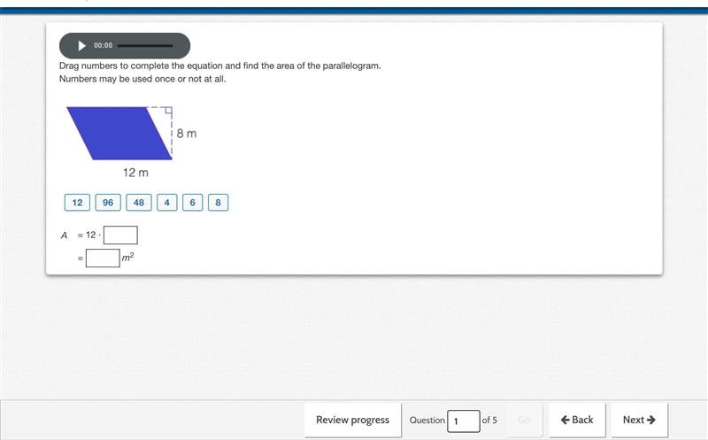 (PLEASE ANSWER) Drag numbers to complete the equation and find the area of the parallelogram-example-1