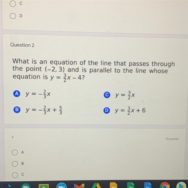 What is an equation of the line that passes through the point (-2,3) and is parallel-example-1