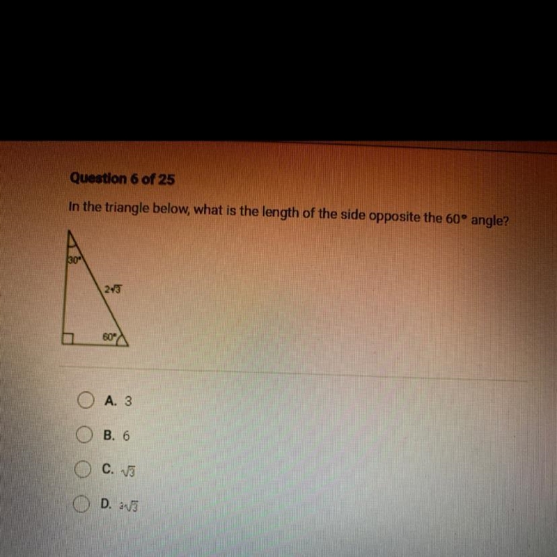 In the triarngle below, what is the length of the side opposite the 60 angle? \243 OA-example-1