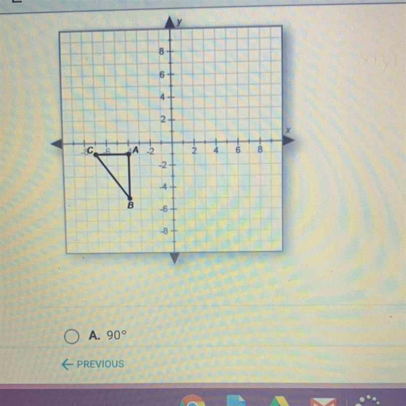 What degree of rotation about the origin will cause the triangle below to map onto-example-1