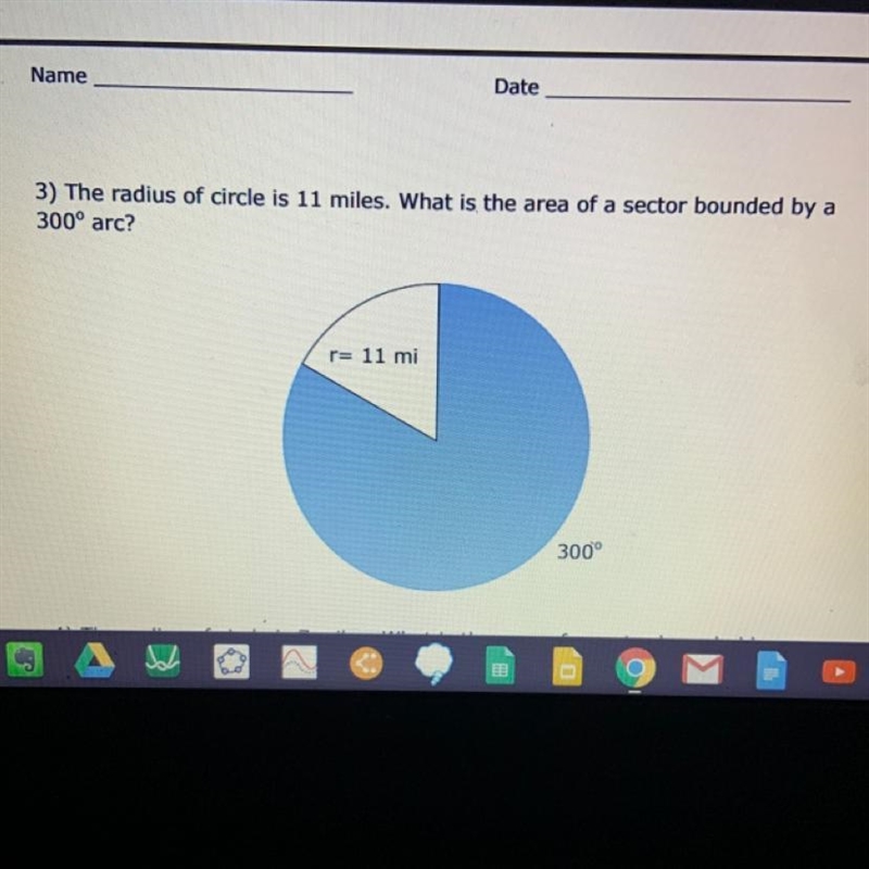 3) The radius of circle is 11 miles. What is the area of a sector bounded by a 300° arc-example-1