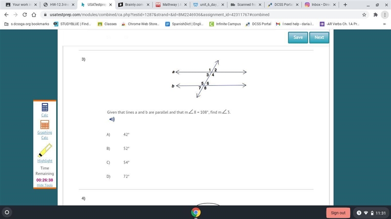 Given the lines a and b are parallel and that m<8=180, find-example-1