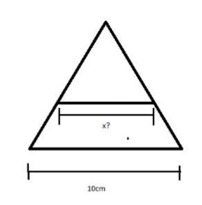 Tienes un triángulo equilátero con lados de 10cm, lo divides en dos partes de manera-example-1