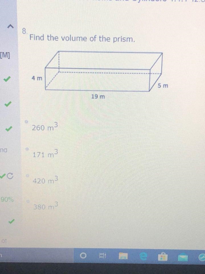 Find the volume of the prism. 260 m3 171 m3 420 m3 380 m3-example-1