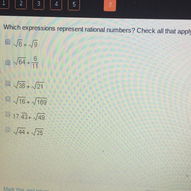 Which expressions represent rational numbers? Check all that apply.-example-1