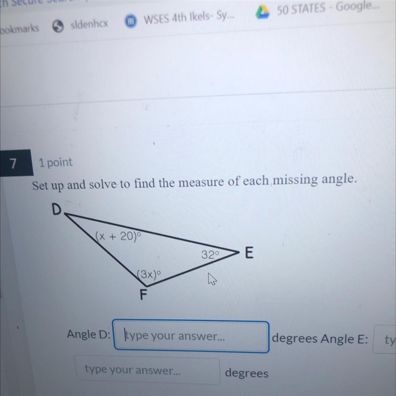 Set up and solve to find the measure of each missing angle. Angle D: Degrees Angle-example-1