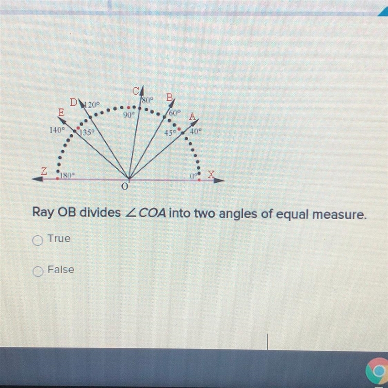 C B 120 ... ... 900 . .60 140- 350 450400 180 Ray OB divides 2 COA into two angles-example-1