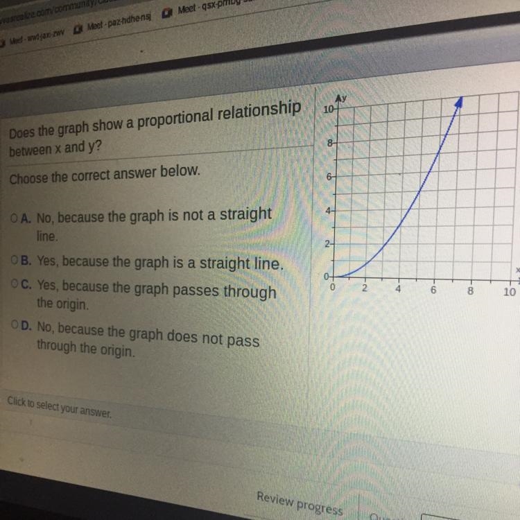 Does the graph show a proportional relationship between x and y? Choose the correct-example-1