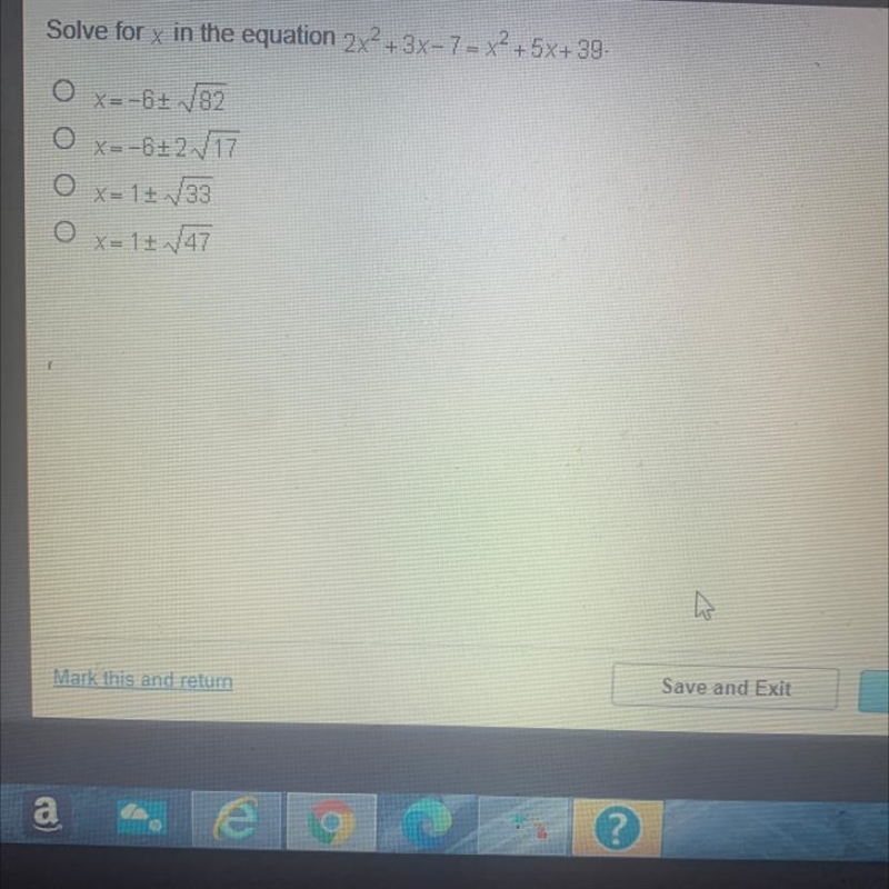 Solve for x in the equation 2х2+3x-7= х2+5х+ 39.-example-1