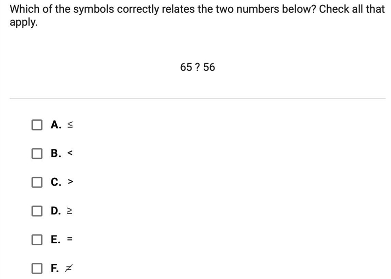 Which of the symbols correctly relates the two number below?-example-1