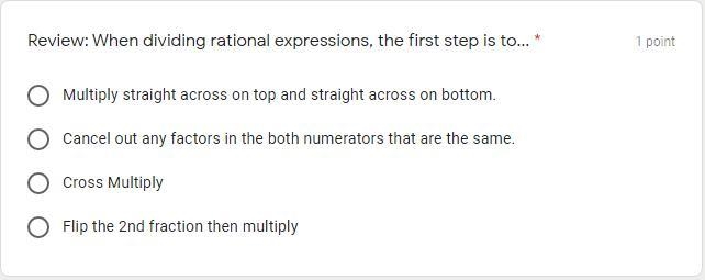 Review: When dividing rational expressions, the first step is to... * Multiply straight-example-1