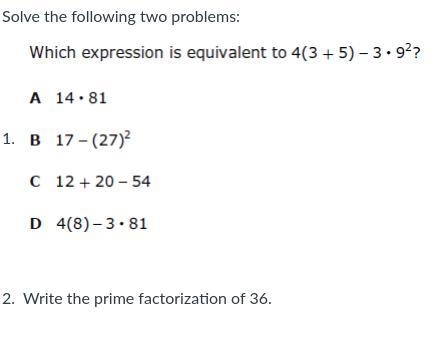 Which expression is equivalent to 4(3+5)-3·9²-example-1