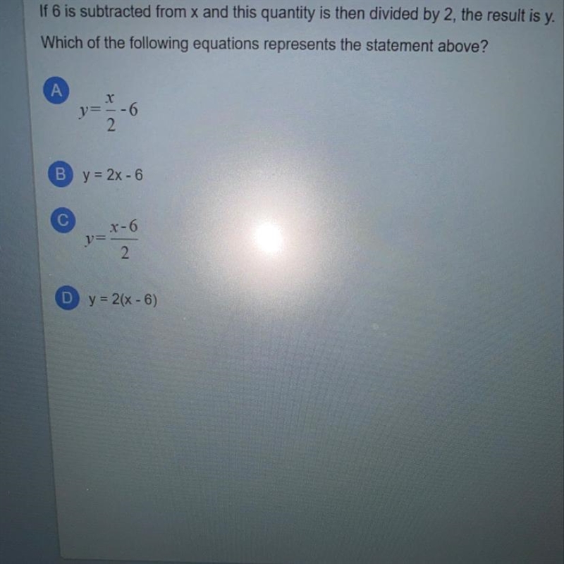 If 6 is subtracted from x and this quantity is then divided by 2, the result is y-example-1