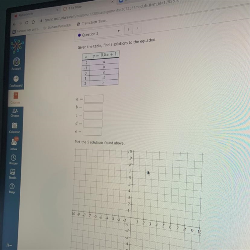 Given the table, find 5 solutions to the equation. C y = 0.5% +1 -2 -1 0 а b с d 1 2 e-example-1