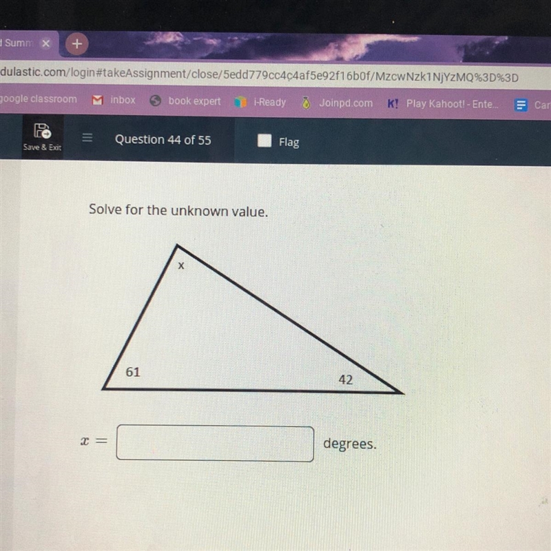 Solve for the unknown value X=______Degrees-example-1