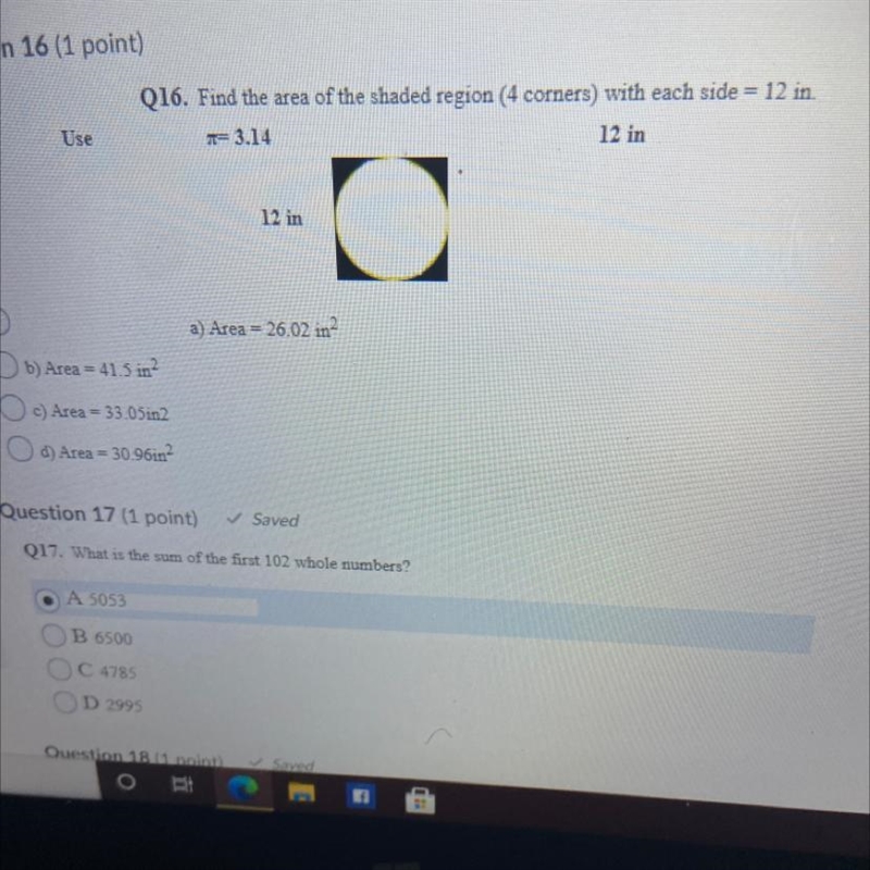 Q16. Find the area of the shaded region (4 corners) with each side = 12 in. 1 3.14 12 in-example-1