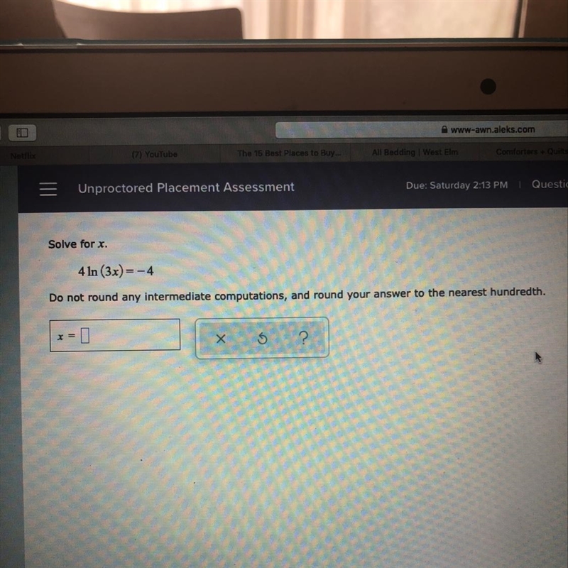 4ln(3x)=-4 Solve for x-example-1