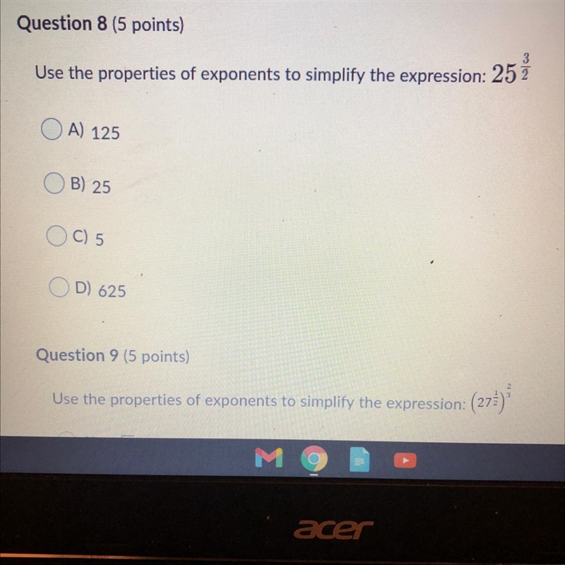 Use the properties of exponents to simplify the expression: 25 3/2-example-1