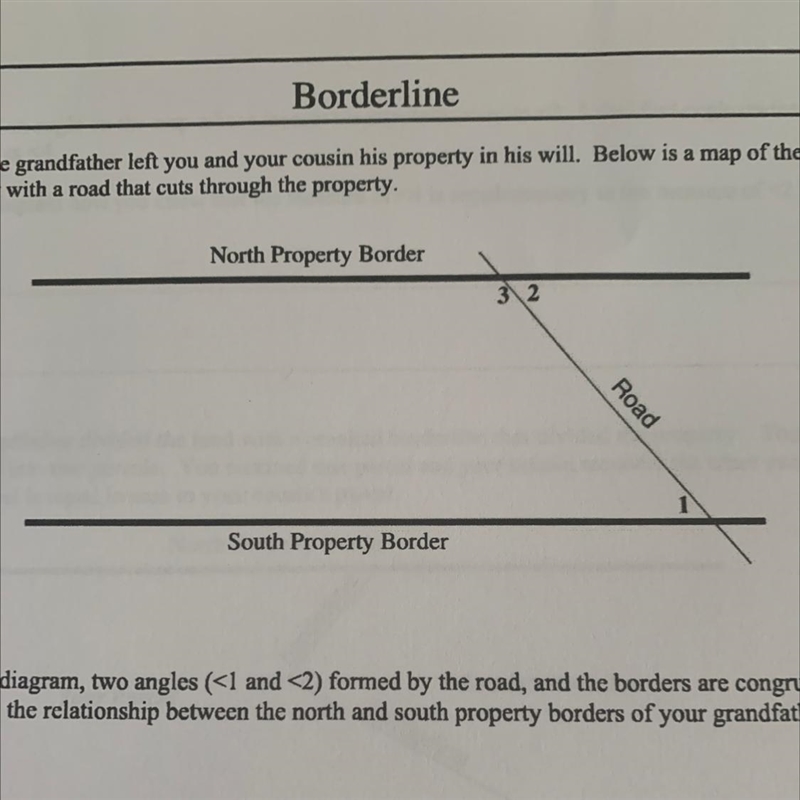 On the diagram, two angles (<1 and <2) formed by the road, and the borders are-example-1