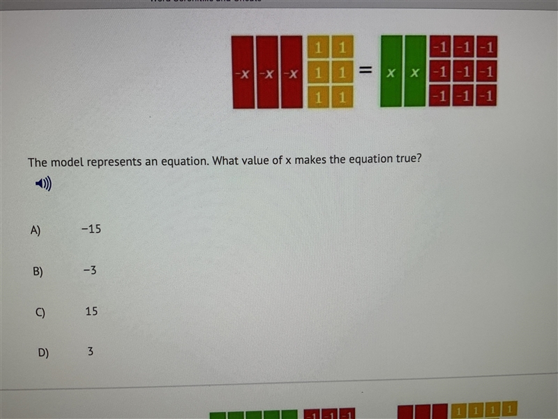 The model represents an equation. What value of X makes the equation true? Answers-example-1