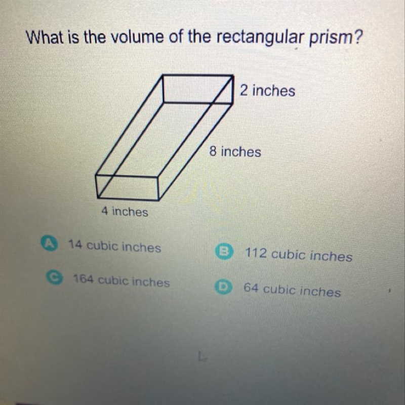 What is the volume of the rectangular prism? 2 inches 8 inches 4 inches-example-1