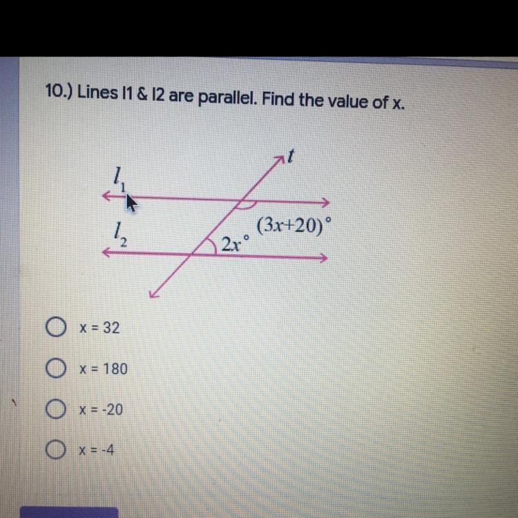 10.) Lines 11 & 12 are parallel. Find the value of x. 10 points Caranya 2x O x-example-1